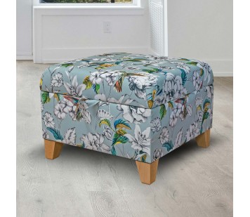 CLEARNACE Square Storage Pouffe in Meastro Rembrandt Hummingbird Duck Egg Printed Velvet Fabric