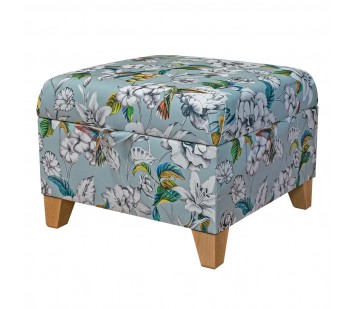 CLEARNACE Square Storage Pouffe in Meastro Rembrandt Hummingbird Duck Egg Printed Velvet Fabric