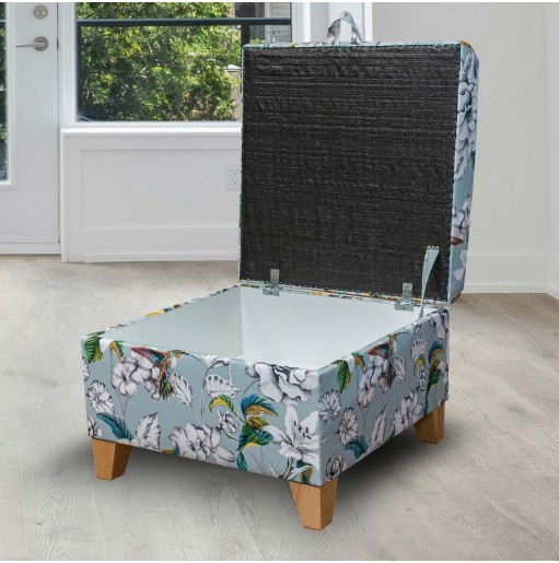 CLEARNACE Square Storage Pouffe in Meastro Rembrandt Hummingbird Duck Egg Printed Velvet Fabric