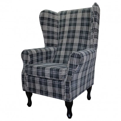 CLEARANCE LUXE Large High Back Chair in a Lana Granite Plaid Tartan Fabric