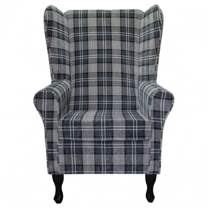 CLEARANCE LUXE Large High Back Chair in a Lana Granite Plaid Tartan Fabric