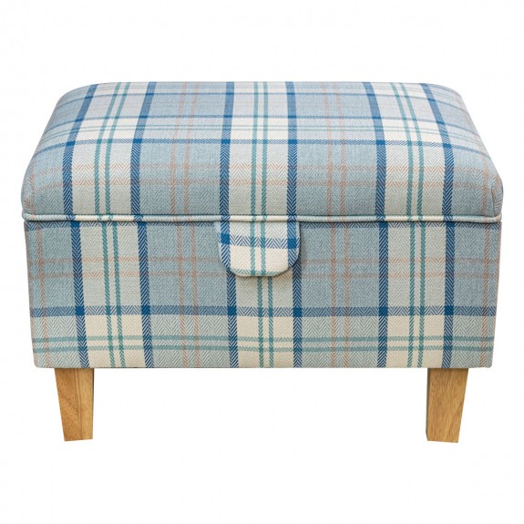 Storage Footstool Ottoman in Piazza Ocean Plaid Fabric