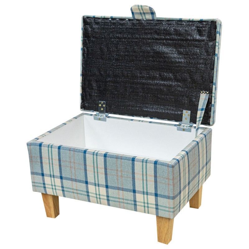 Storage Footstool Ottoman in Piazza Ocean Plaid Fabric