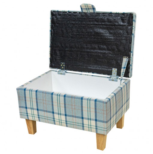 Storage Footstool Ottoman in Piazza Ocean Plaid Fabric