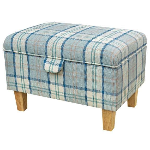 Storage Footstool Ottoman in Piazza Ocean Plaid Fabric