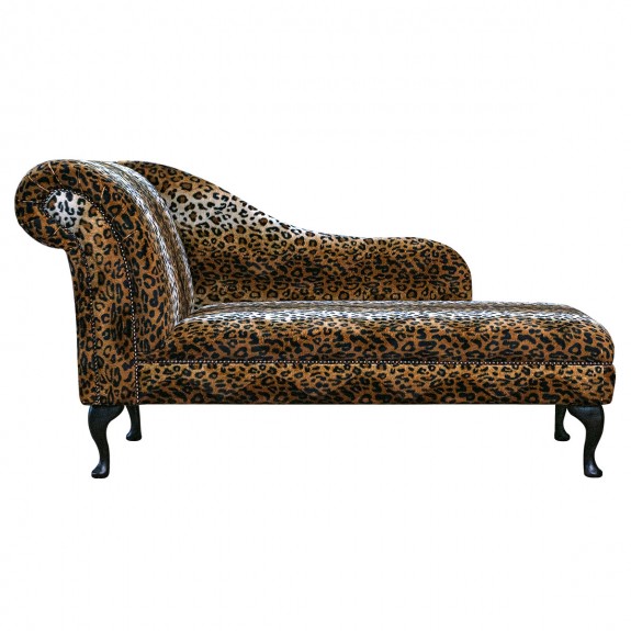 60" Large Chaise Longue in a Leopard Print Faux Fur Velboa Fabric with Studding