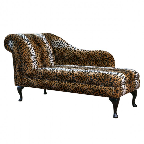 60" Large Chaise Longue in a Leopard Print Faux Fur Velboa Fabric with Studding