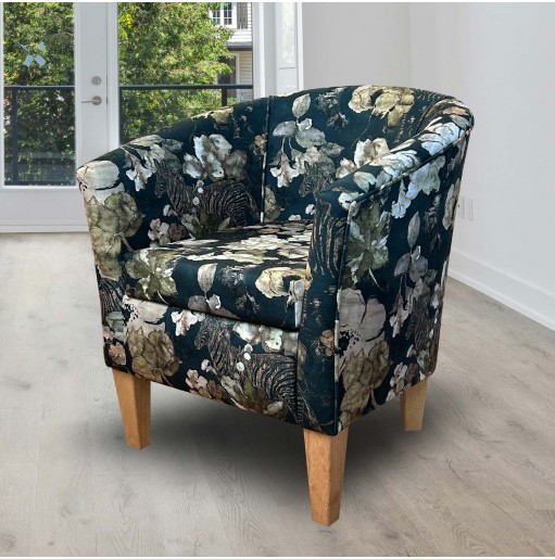 Designer Tub Chair in Maestro Goya Green Floral Printed Velvet Fabric