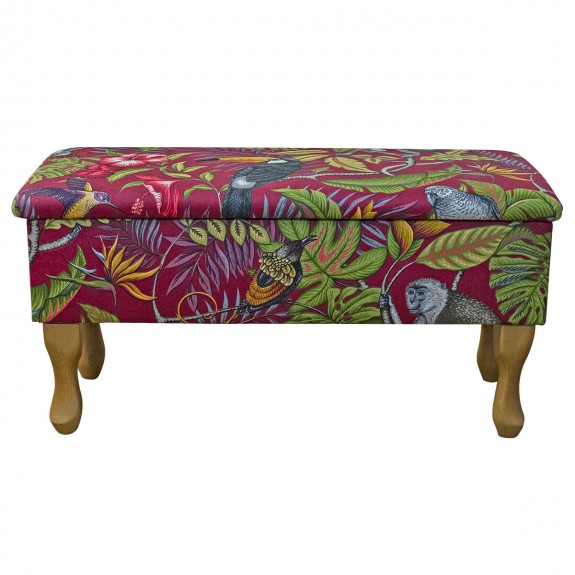 Medium Dressing Table Storage Stool in Rainforest Cranberry Cotton Fabric