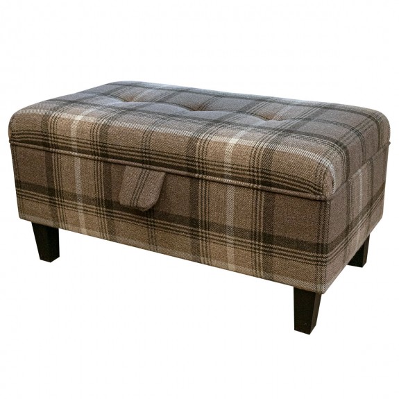 LUXE Buttoned Tartan Storage Footstool Ottoman in Sophie Chocolate Check Fabric