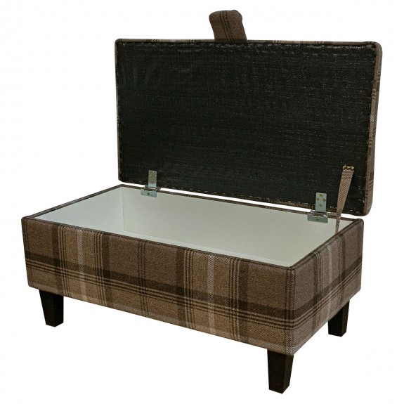 LUXE Buttoned Tartan Storage Footstool Ottoman in Sophie Chocolate Check Fabric