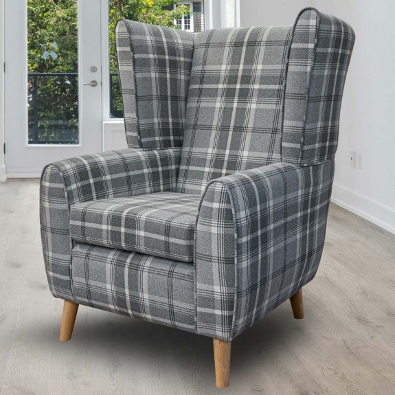 Grey Tartan Wingback Chair