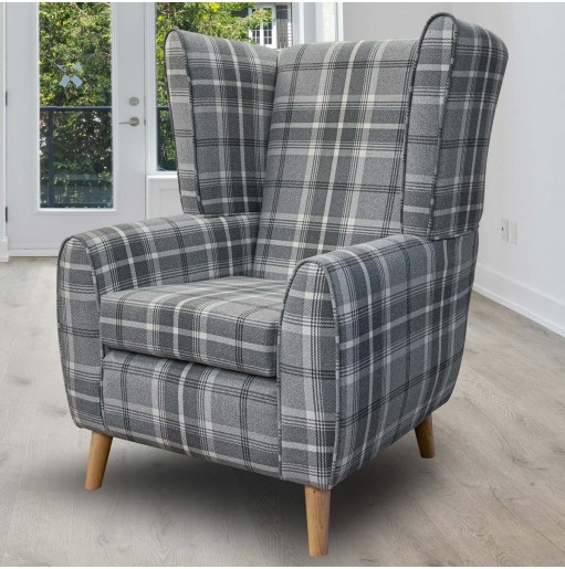 Grey Tartan Wingback Chair