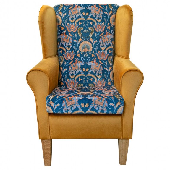 Standard Wingback Fireside Chair in Sumatra Sapphire & Saffron Velvet Fabric