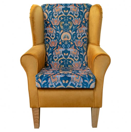 Standard Wingback Fireside Chair in Sumatra Sapphire & Saffron Velvet Fabric