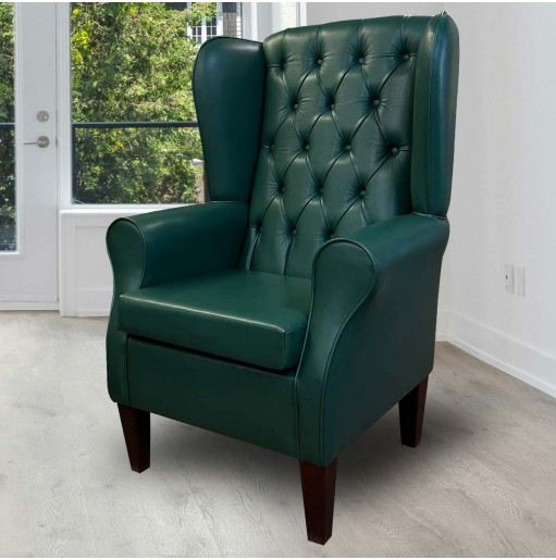 Bottle Green Leather Wing Chair