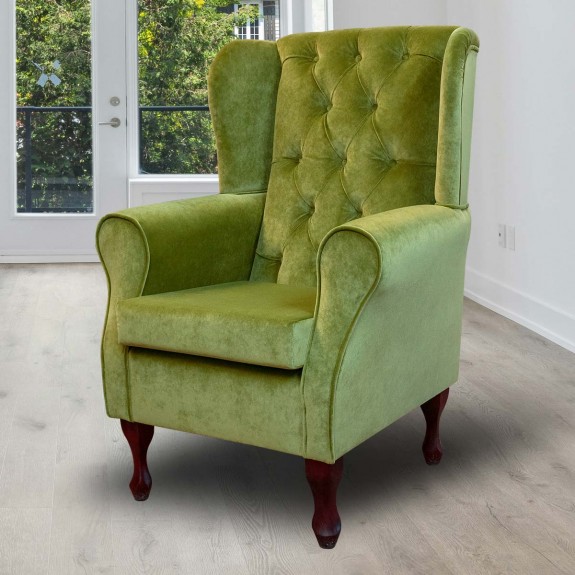 Green Buttoned Wing Chair