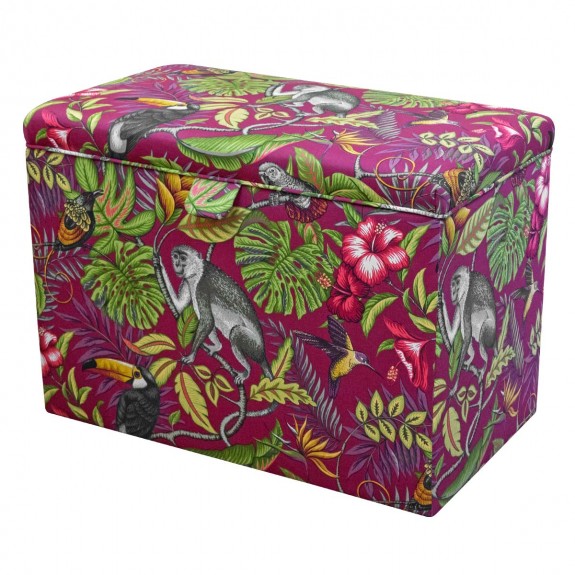 Tall Storage Ottoman in Rainforest Cranberry Cotton Fabric