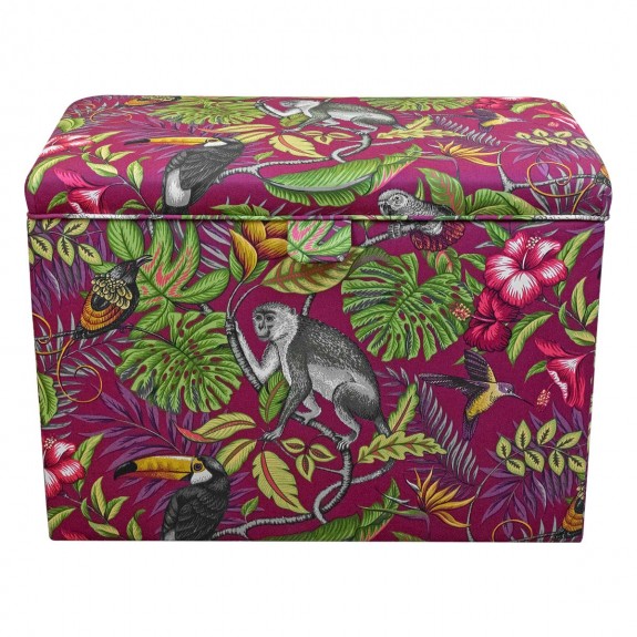 Tall Storage Ottoman in Rainforest Cranberry Cotton Fabric