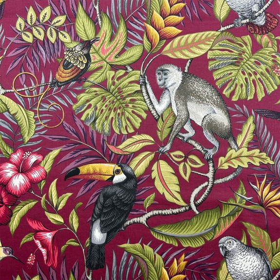 Tall Storage Ottoman in Rainforest Cranberry Cotton Fabric