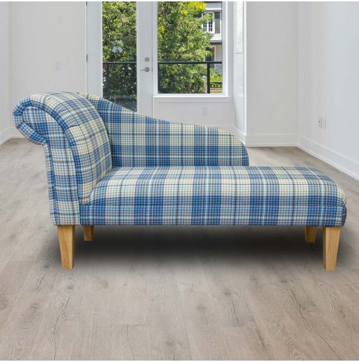 LUXE 52" Medium Chaise Longue in Bologna Marine Houndstooth Tartan Fabric