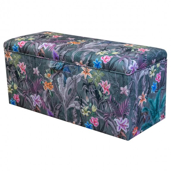 Storage Bench Ottoman in Maestro Ribera Grey Botanical Printed Velvet Fabric