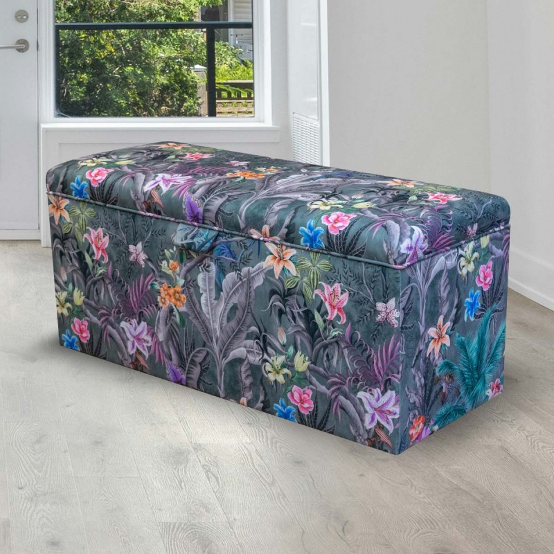 Storage Bench Ottoman in Maestro Ribera Grey Botanical Printed Velvet Fabric Storage Bench Ottoman in Maestro Ribera Grey Botanical Printed Velvet Fabric