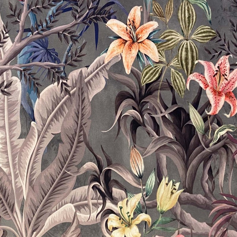 Grey Botanical Printed Velvet Fabric - MAE3365 Grey Botanical Printed Velvet Fabric - MAE3365