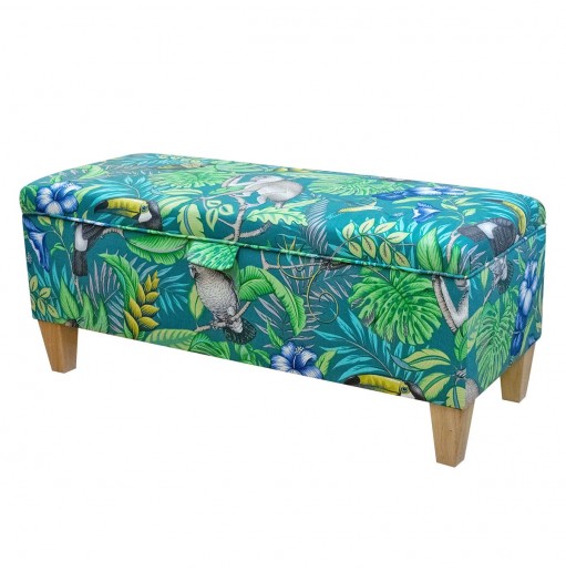 Storage Bench Stool in Rainforest Lagoon Cotton Fabric