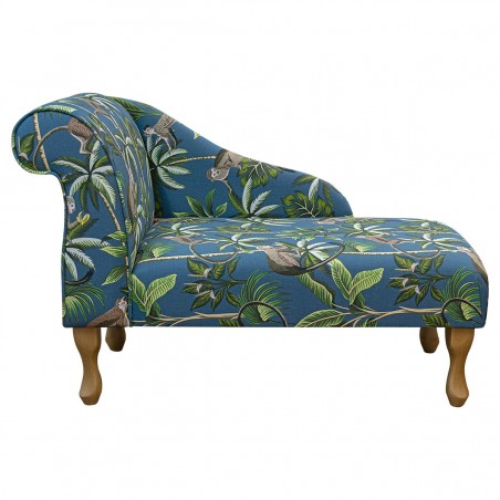 41" Mini Chaise Longue in a Monkey Teal 100% Cotton Print Fabric - Left Facing