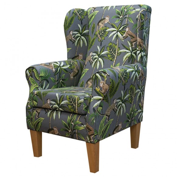 Standard Wingback Fireside Westoe Chair in a Monkey Grey 100% Cotton Print Fabric