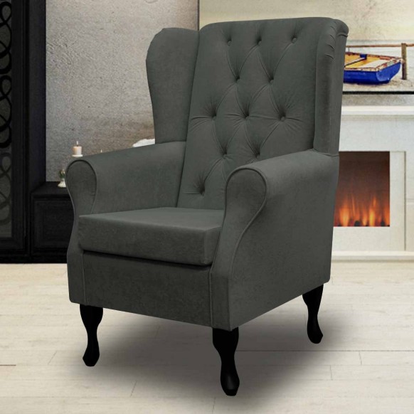 Clearance Standard Wingback Fireside Westoe Chair with Buttoning in a Plush Steel Grey Fabric