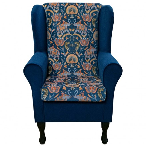 Clearance Standard Wingback Fireside Chair in Sumatra Sapphire & Notting Hill Plain Navy Velvet Fabric
