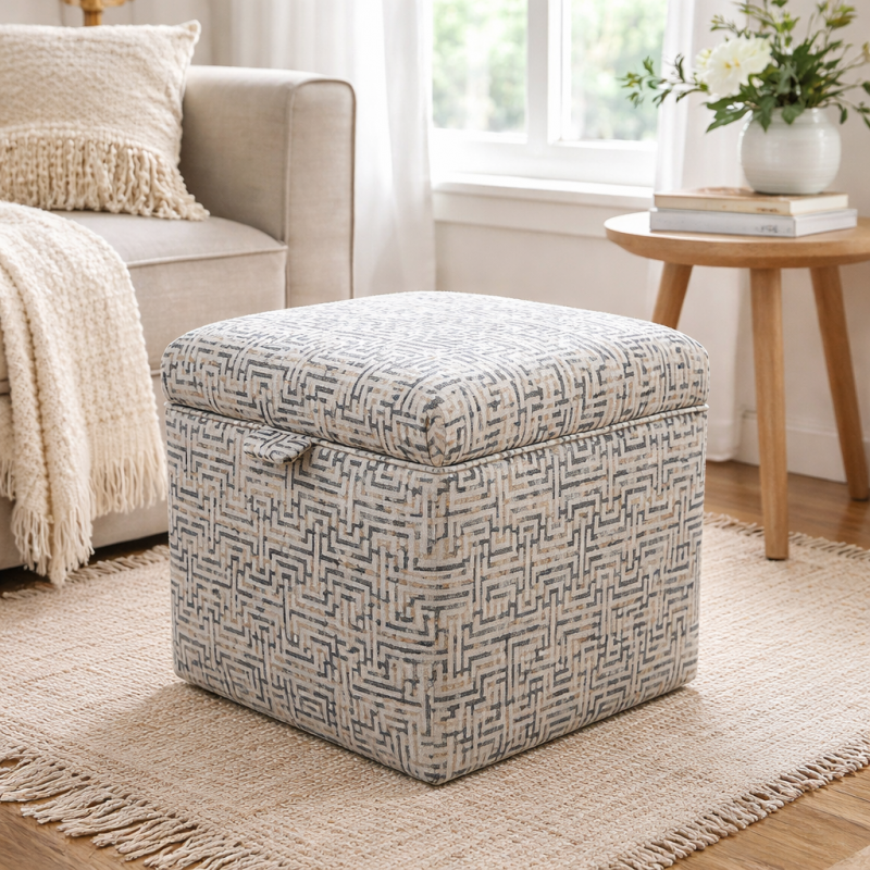Square Storage Pouffe in Accento Maze Beige Fabric - ACC3111