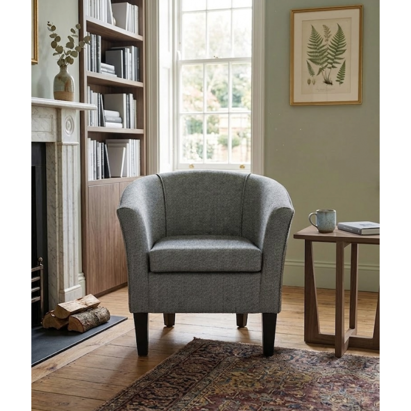Designer Tub Chair in a Perth Herringbone Slate Fabric Designer Tub Chair in a Perth Herringbone Slate Fabric