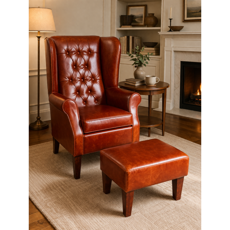 Buttoned Large High Back Chair and Matching Footstool in Highland Nut Brown Genuine Leather Buttoned Large High Back Chair and Matching Footstool in Highland Nut Brown Genuine Leather