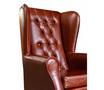 Buttoned Large High Back Chair and Matching Footstool in Highland Nut Brown Genuine Leather
