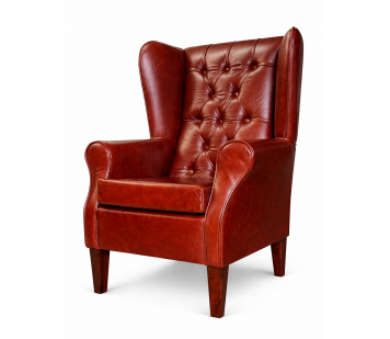 Buttoned Large High Back Chair and Matching Footstool in Highland Nut Brown Genuine Leather