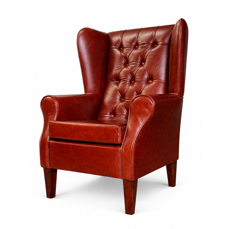 Buttoned Large High Back Chair and Matching Footstool in Highland Nut Brown Genuine Leather Buttoned Large High Back Chair and Matching Footstool in Highland Nut Brown Genuine Leather