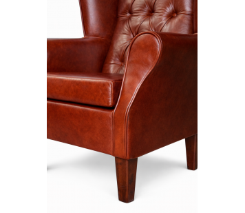 Buttoned Large High Back Chair and Matching Footstool in Highland Nut Brown Genuine Leather