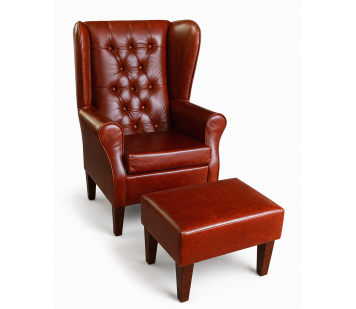 Buttoned Large High Back Chair and Matching Footstool in Highland Nut Brown Genuine Leather
