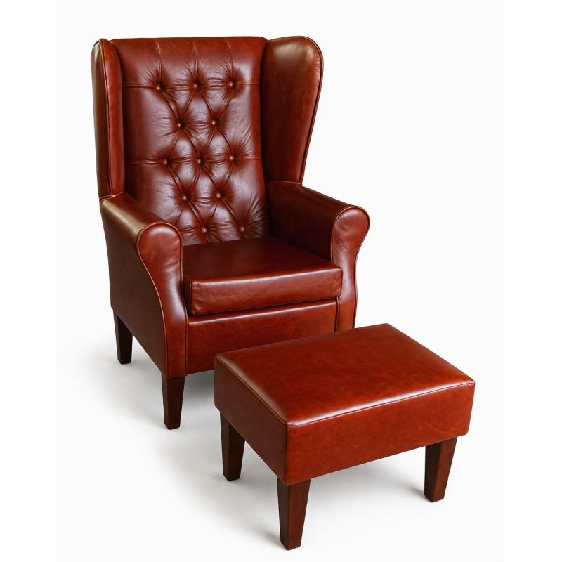 Buttoned Large High Back Chair and Matching Footstool Buttoned Large High Back Chair and Matching Footstool