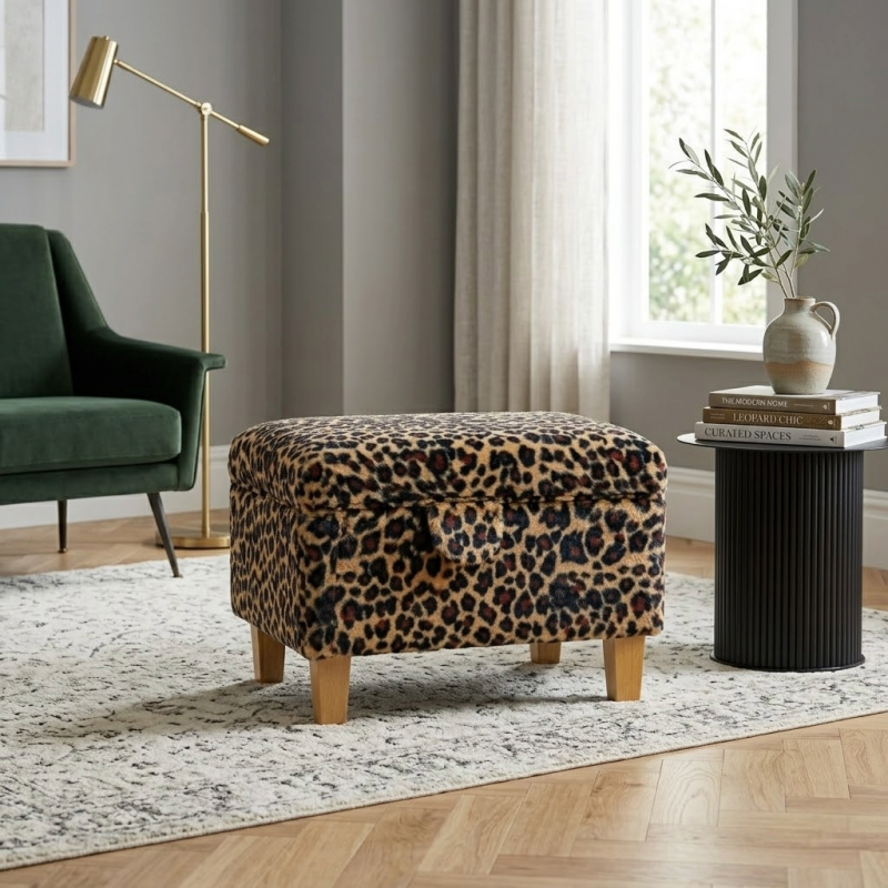 Storage Footstool Ottoman in Leopard Print Velboa Faux Fur Fabric