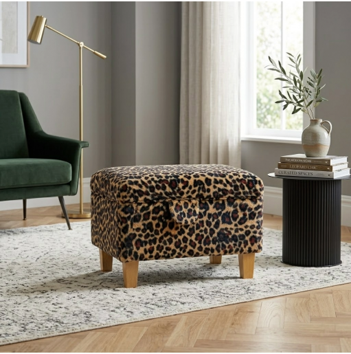 Storage Footstool Ottoman in Leopard Print Velboa Faux Fur Fabric