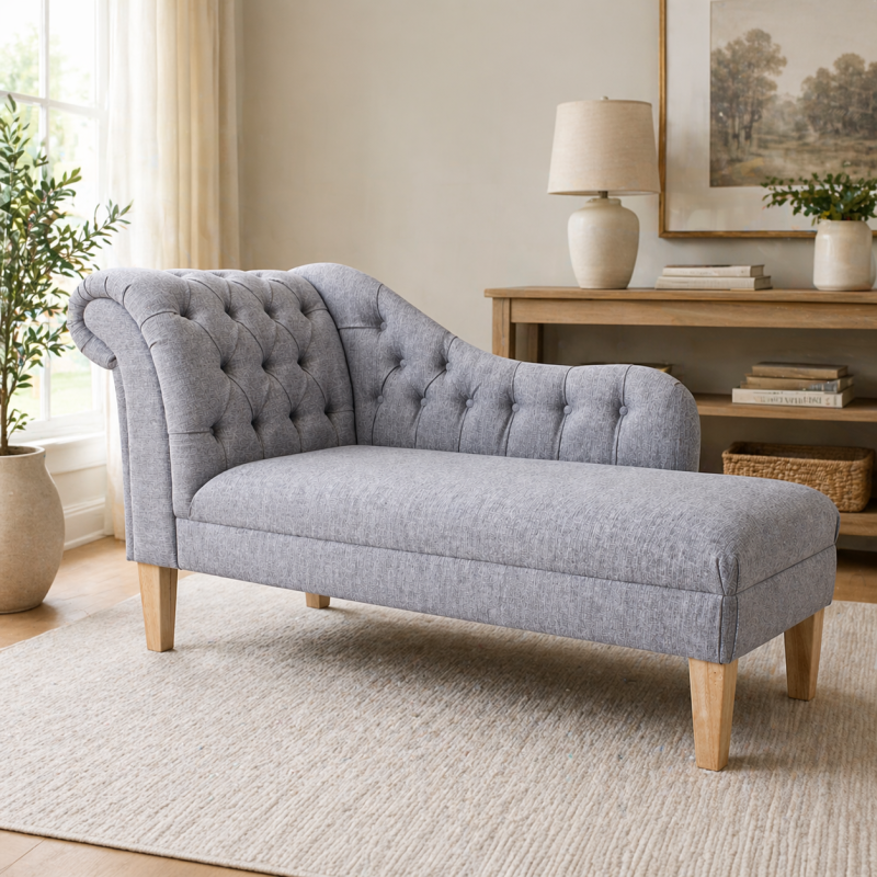 60" Large Deep Buttoned Chaise Longue in Aqua Clean Hove Grey Fabric