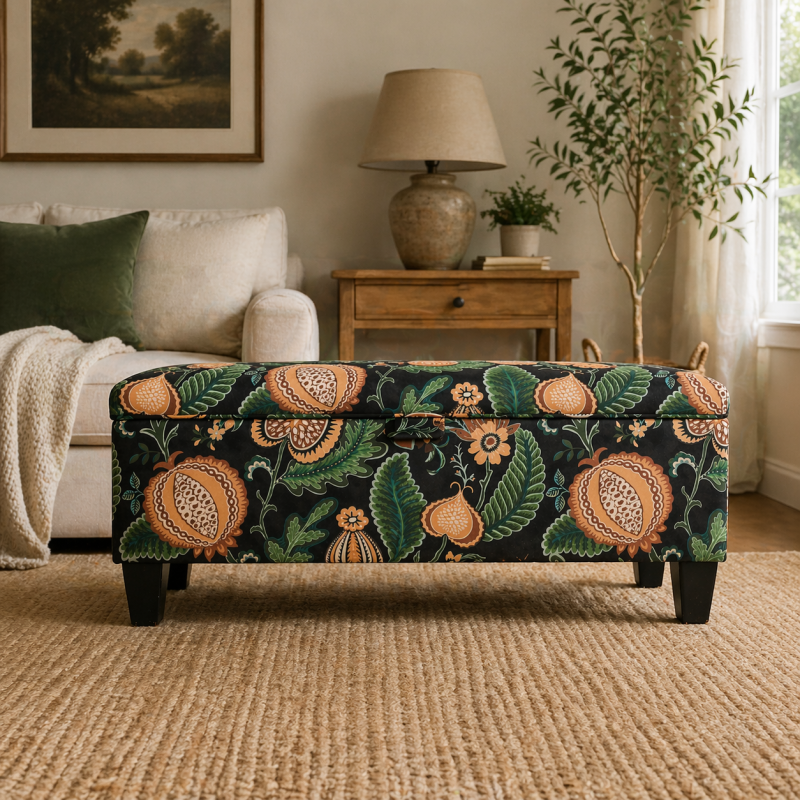 Clearance Storage Bench Stool in Cantaloupe Forest Fabric