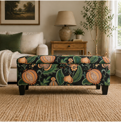 Clearance Storage Bench Stool in Cantaloupe Forest Fabric