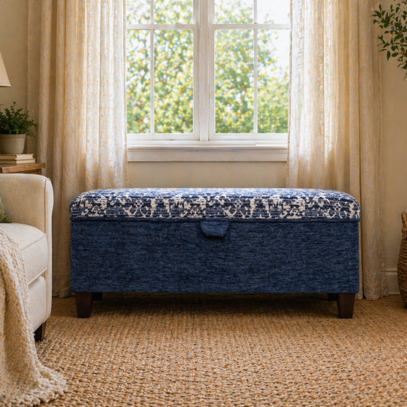 Clearance Storage Bench Stool in a Combination of Lusaka & Celadon Fabrics - Livestyle