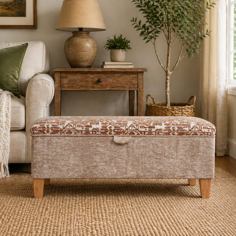Clearance Storage Bench Stool in a Combination of Oat Lusaka & Celadon Fabrics