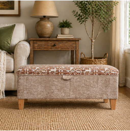 Clearance Storage Bench Stool in a Combination of Oat Lusaka & Celadon Fabrics